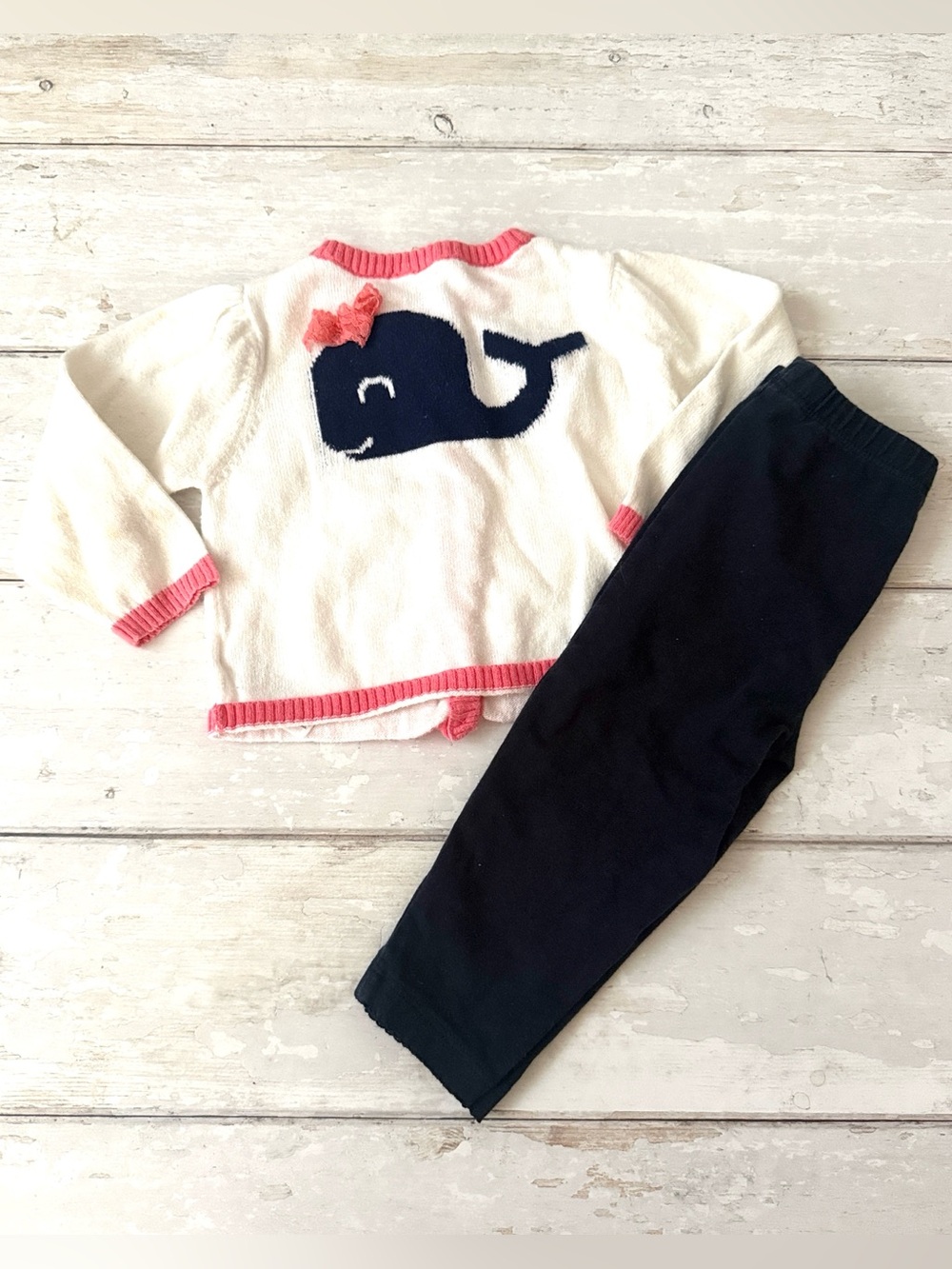 Cherokee Baby Girl 9m Whale Sweater Navy Blue Leggings Outfit Cardigan Pants